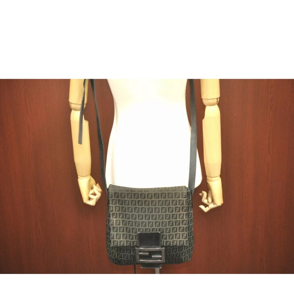 Auth FENDI Zucchino Mamma Baguette Shoulder Cross Bag Canvas Leather Black